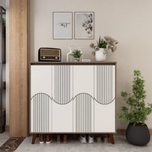 Octaro Shoe Rack (34 Pairs) with Designer Shutters | Solid Wood Legs, Adjustable Shelves | Premium Engineered Wood Shoe Cabinet | Dual Tone: Mocha Brown & Frosty White  | spacesbyU