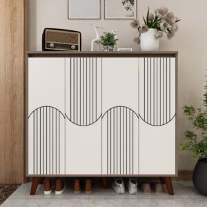 Octaro Shoe Rack (34 Pairs) with Designer Shutters | Solid Wood Legs, Adjustable Shelves | Premium Engineered Wood Shoe Cabinet | Dual Tone: Mocha Brown & Frosty White  | spacesbyU