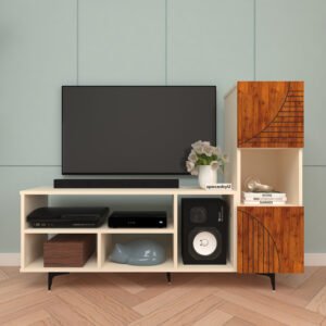 Ternox TV Unit | Engineered Wood | TV Entertainment Unit | Finish: Cherry Pine and Frosty White | spacesbyU