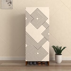 Walaro Shoe Rack for 14 Pairs with Designer Shutters | Solid Wood Legs, Adjustable Shelves | Premium Engineered Wood Shoe Cabinet | Dual Tone: Frosty White & Brazilian Walnut | spacesbyU