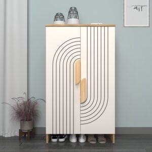 Cruvosh Designer Shoe Rack for 21 Pairs | Designer Wooden Handle, Adjustable Shelves | Premium Engineered Wood Shoe Cabinet | Dual Tone: Frosty White & Wood Oak Light | spacesbyU