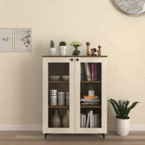 Avelor Display Unit | Engineered Wood Display Unit | Acrylic Doors | Finish Color- Acacia Light and Acacia Dark | DIY (Do-It-Yourself) | spacesbyU
