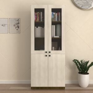 Virello Display Cabinet | Engineered Wood Floor-Standing Display Unit | Acrylic Doors | Finish Color- Acacia Light and Acacia dark | spacesbyU