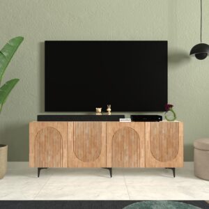 Elric TV Unit for upto 65 Inch TVs with Storage | Engineered Wood | Entertainment Unit | Finish: Oak Light and Frosty White | spacesbyU