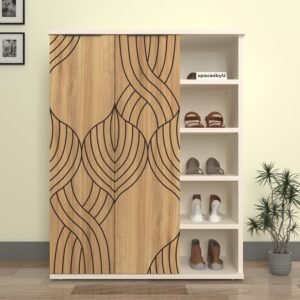 Drexor Designer Shoe Rack for 15 Pairs | Designer Shutters, Adjustable Shelves | Premium Engineered Wood Shoe Cabinet | Dual Tone: Frosty White & Wood Oak Light | spacesbyU