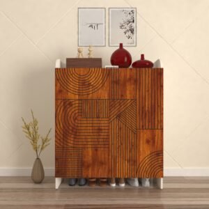 Vexta Designer Shoe Rack for 24 Pairs | Designer Shutters, Adjustable Shelves | Premium Engineered Wood Shoe Cabinet | Dual Tone: Frosty White & Cherry Pine | spacesbyU