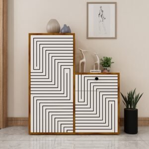 Sican Designer Shoe Rack (14 Pairs) with Drawer & Shelves | Seating Provision | Engineered Wood Shoe Cabinet | Colour: Frosty White & Brazilian Walnut | spacesbyU