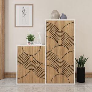 Sican Designer Shoe Rack (16 Pairs) without Drawer | Seating Provision | Engineered Wood Shoe Cabinet | Colour: Wood Oak Light and Frosty White | spacesbyU