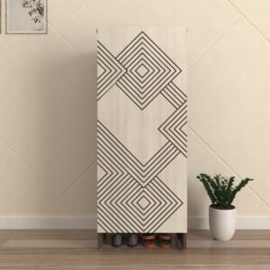 Walaro Shoe Rack for 14 Pairs with Designer Shutters | Solid Wood Legs, Adjustable Shelves | Premium Engineered Wood Shoe Cabinet | Dual Tone: Acacia Light and Mocha Brown | spacesbyU