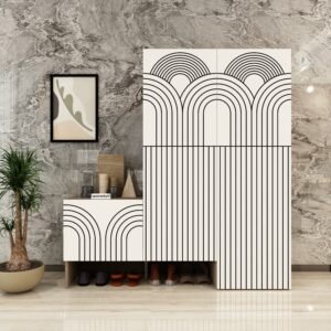 Kesto Designer Shoe Rack (38 Pairs) with Left Seating | Premium Engineered Wood Shoe Cabinet | Spacious Storage | Dual Tone: Mocha Brown & Frosty White | spacesbyU