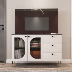 Veyra TV Unit with Storage for upto 55 Inch TVs | Engineered Wood | Fluted Acrylic Doors, Designer Legs | TV Entertainment Unit | Finish: Barley and Grey | spacesbyU