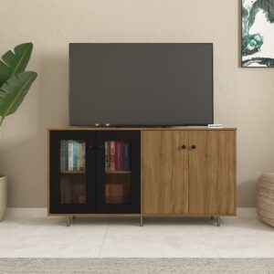 Velix Crockery Unit | Engineered Wood | Fluted Acrylic Doors, Designer Legs | Finish: Dark Oak Wood & Black | spacesbyU
