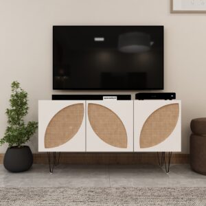 Canelume TV Unit for upto 65 Inch TVs with cane shutter Storage | Engineering Wood | Entertainment Unit | Finish: Mocha Brown & Frosty White | spacesbyU