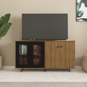 Velix TV Unit with Storage for upto 65 Inch TVs | Engineered Wood | TV Entertainment Unit | Fluted Acrylic Doors, Designer Legs | Finish: Dark Oak Wood & Black | spacesbyU