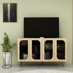 Avrix TV Unit with Storage for upto 65 Inch TVs | Engineered Wood | TV Entertainment Unit | Fluted Acrylic Doors, Designer Legs | Finish: Wood Oak Light & Black | spacesbyU
