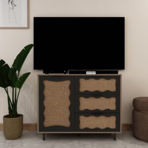 Ravo TV Unit for upto 55 Inch TVs with with cane shutter Storage | Engineered Wood | Entertainment Unit | Finish: Mocha Brown and Black | spacesbyU