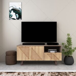 Sienna TV Unit for upto 55 Inch TVs with with cane shutter Storage | Engineered Wood | Entertainment Unit | Finish: Wood Oak Light and Mocha Brown | spacesbyU