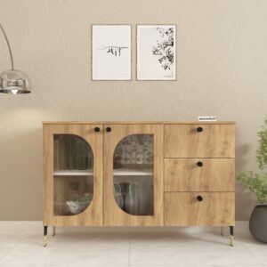 Veyora Crockery Unit | Engineered Wood | Fluted Acrylic Doors, Designer Legs | Finish: Wood Oak Light | spacesbyU