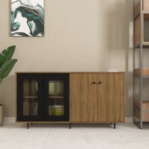 Velix Crockery Unit | Engineered Wood | Fluted Acrylic Doors, Designer Legs | Finish: Dark Oak Wood & Black | spacesbyU