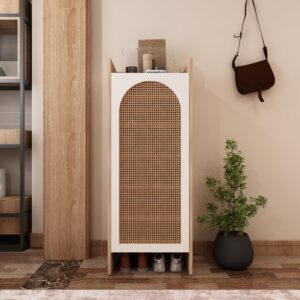 Orvia Cane Shoe Rack (14 Pairs) | Door with Cane Design | Engineered Wood Shoe Cabinet | Dual Tone: Wood Oak Light and Frosty White | spacesbyU