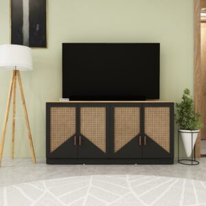 Kairo TV Unit for upto 65 Inch TVs with with cane shutter Storage | Engineered Wood | Entertainment Unit | Finish: Wood Oak Light and Black | spacesbyU
