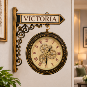 SpacesbyU Vintage Station Wall Clock for Home, Hall & Living Room | Antique Gold & Black Decorative Wall Watch with Roman Numerals & Gear Design | Classic Clock for Bedroom