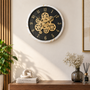 Decorative Gear Wall Clock with Black Dial and Antique Gold Gears | Modern Round Wall Clock | SpacesbyU