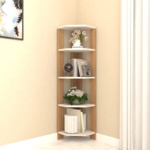 Acora 5-Tier Wooden Corner Bookshelf | Space-Saving | Modern Dual-Tone | Vertical Storage | Premium Engineered Wood | Color - BARLEY AND WOOD OAK LIGHT | DIY Product (Do it Yourself | spacesbyU