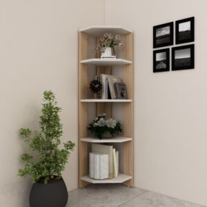 Acora 5-Tier Wooden Corner Bookshelf | Space-Saving | Modern Dual-Tone | Vertical Storage | Premium Engineered Wood | Color - BARLEY AND WOOD OAK LIGHT | DIY Product (Do it Yourself | spacesbyU