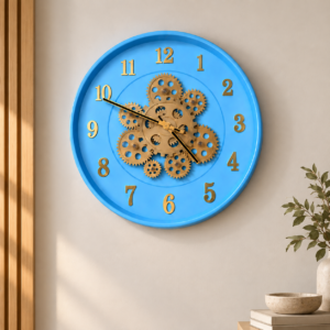 SpacesbyU 12 Inch Decorative Gear Design Wall Clock for Home, Hall, Bedroom & Living Room | Stylish Blue & Gold Wall Watch | Modern Home Décor Clock |