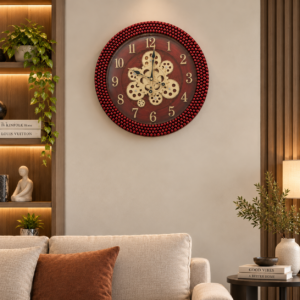 SpacesbyU Decorative Gear Design Wall Clock for Home, Hall & Living Room | Red & Gold Stylish Wall Watch | Modern Designer Clock for Bedroom & Office | spacesbyU