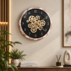 Decorative Gear Wall Clock with Black Dial and Antique Gold Gears | Modern Round Wall Clock | SpacesbyU
