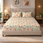 Premium 100% Cotton 144 TC King Size Bedsheet Set | Flat Bedsheet with 2 Pillow Covers | 274 × 274 cm | Floral Printed, Soft & Breathable | SpacesbyU