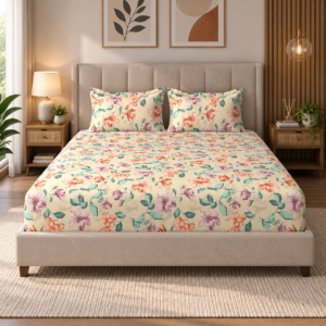 Premium 100% Cotton 144 TC King Size Bedsheet Set | Flat Bedsheet with 2 Pillow Covers | 274 × 274 cm | Floral Printed, Soft & Breathable | SpacesbyU