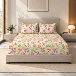 Premium 100% Cotton 144 TC King Size Bedsheet Set | Flat Bedsheet with 2 Pillow Covers | 274 × 274 cm | Floral Printed, Soft & Breathable | SpacesbyU