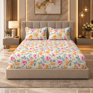 Premium 100% Cotton 144 TC King Size Bedsheet Set | Flat Bedsheet with 2 Pillow Covers | 274 × 274 cm | Floral Printed, Soft & Breathable | SpacesbyU