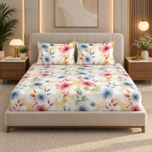 Premium 100% Cotton 144 TC King Size Bedsheet Set | Flat Bedsheet with 2 Pillow Covers | 274 × 274 cm | Floral Printed, Soft & Breathable | SpacesbyU