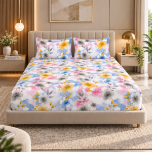 Premium 100% Cotton 144 TC King Size Bedsheet Set | Flat Bedsheet with 2 Pillow Covers | 274 × 274 cm | Floral Printed, Soft & Breathable | SpacesbyU