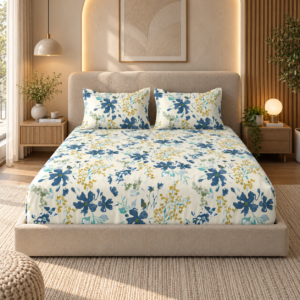 Premium 100% Cotton 144 TC King Size Bedsheet Set | Flat Bedsheet with 2 Pillow Covers | 274 × 274 cm | Floral Printed, Soft & Breathable | SpacesbyU