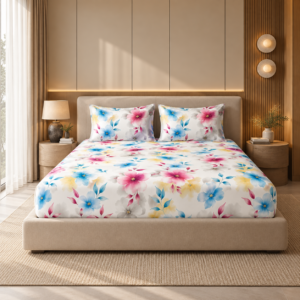 Premium 100% Cotton 144 TC King Size Bedsheet Set | Flat Bedsheet with 2 Pillow Covers | 274 × 274 cm | Floral Printed, Soft & Breathable | SpacesbyU