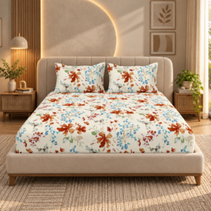 Premium 100% Cotton 144 TC King Size Bedsheet Set | Flat Bedsheet with 2 Pillow Covers | 274 × 274 cm | Floral Printed, Soft & Breathable | SpacesbyU