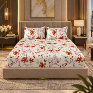 Premium 100% Cotton 144 TC King Size Bedsheet Set | Flat Bedsheet with 2 Pillow Covers | 274 × 274 cm | Floral Printed, Soft & Breathable | SpacesbyU