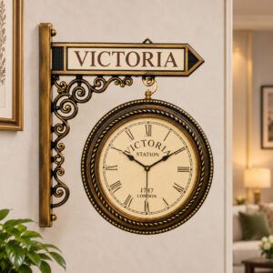 SpacesbyU Vintage Station Wall Clock for Home, Hall & Living Room | Antique Gold & Black Decorative Wall Watch with Roman Numerals | Classic Hanging Clock for Bedroom & Home Décor