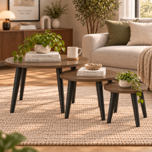Ripple Trio Coffee Table Set of 3 | Round MDF Center Table with Concentric Groove Design & Black Tapered Legs | Finish- Mocha Brown | spacesbyU