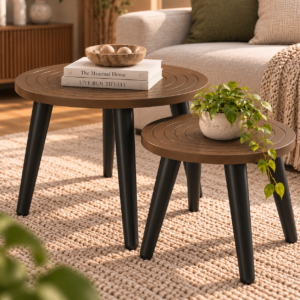 Ripple Duo Coffee Table Set of 2 | Round MDF Center Table with Concentric Groove Design & Black Tapered Legs | Finish- Mocha Brown | spacesbyU
