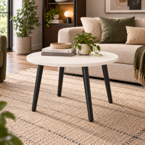 Ripple Coffee Table | Round MDF Center Table with Concentric Groove Design & Black Tapered Legs | Finish- Frosty White | spacesbyU