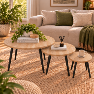 Evara Trio Coffee Table Set of 3 | Round Rubber-Wood Centre Table with Concentric Groove Design & Black Tapered Legs | Finish- Wood Oak Light | spacesbyU