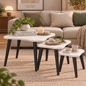 Cove Trio Coffee Table Set of 3 | Modern Curved Square Nesting Side Tables | Finish- Frosty White | spacesbyU