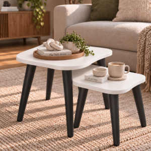 Cove Duo Coffee Table Set of 2 | Modern Curved Square Nesting Side Tables | Finish- Frosty White | spacesbyU