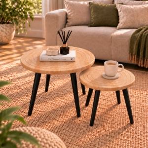 Evara Duo Coffee Table Set of 2 | Round Rubber-Wood Centre Table with Concentric Groove Design & Black Tapered Legs | Finish- Wood Oak Light | spacesbyU